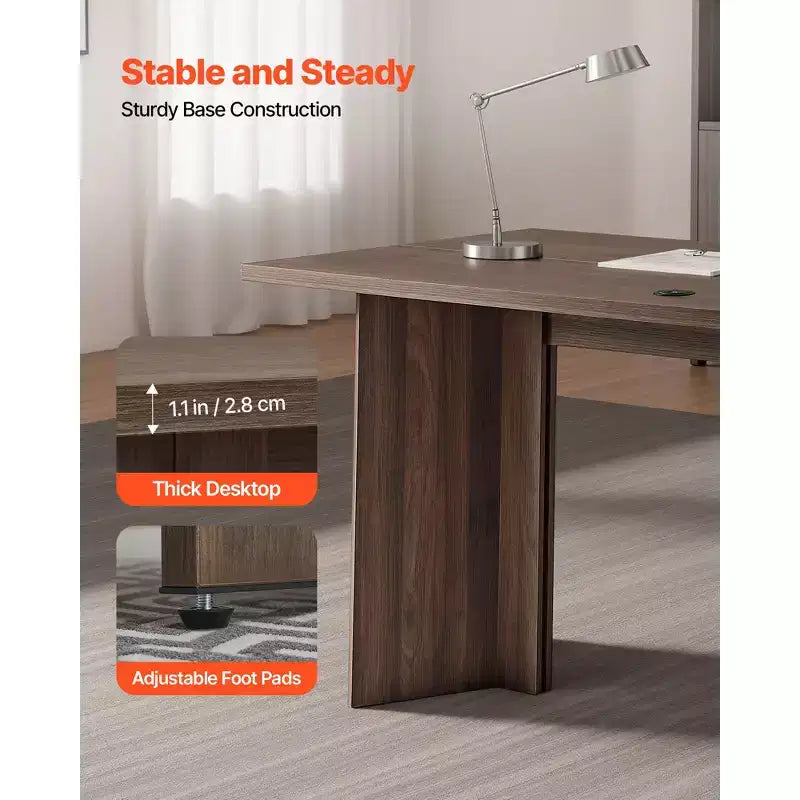 63" Large Modern Executive Desk with Cable Management - Brown