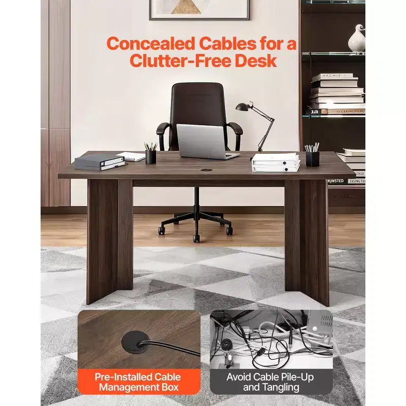 63" Large Modern Executive Desk with Cable Management - Brown