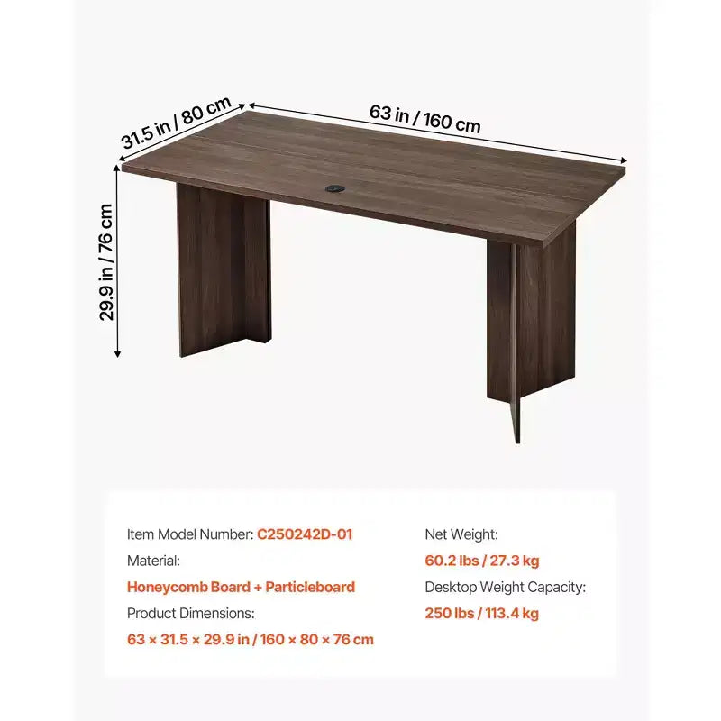 63" Large Modern Executive Desk with Cable Management - Brown