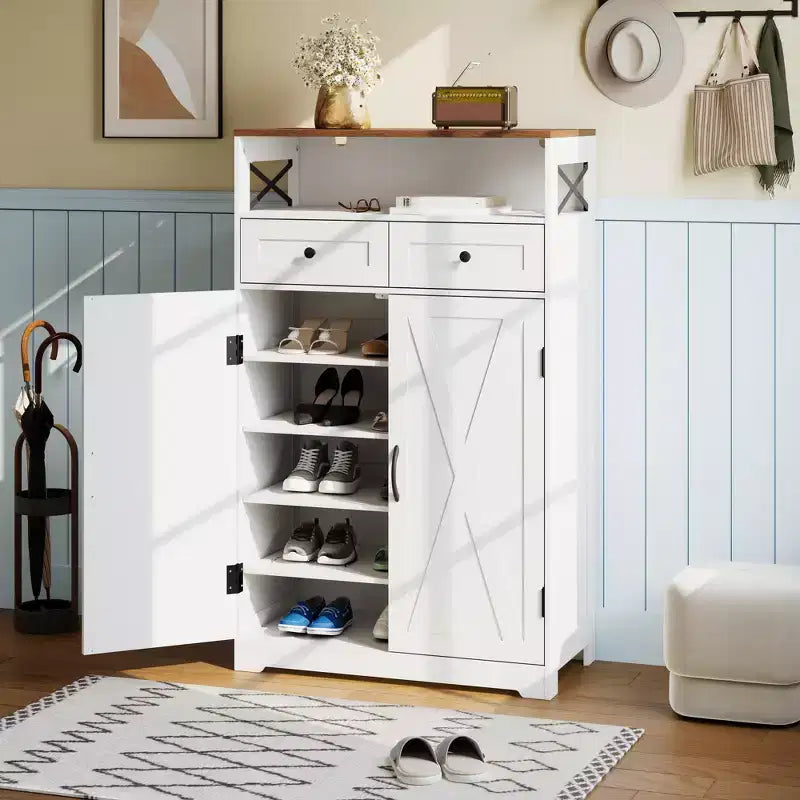 Shoe Cabinet, Shoe Storage Cabinet  Modern Farmhouse Narrow Design with Drawers & Adjustable Shelves, Freestanding Organizer for Entryway