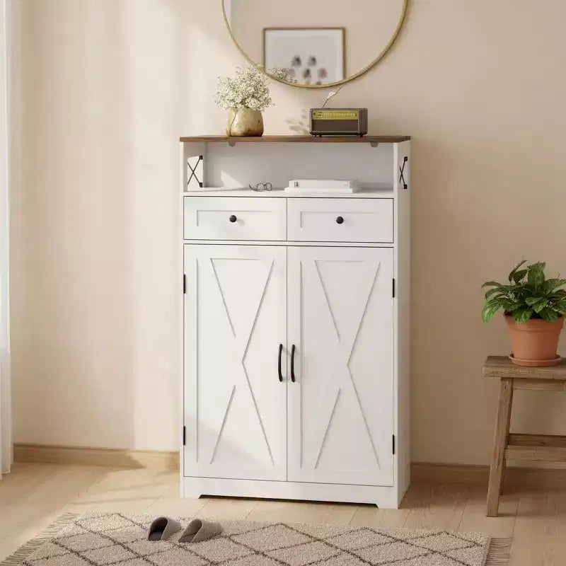 Shoe Cabinet, Shoe Storage Cabinet  Modern Farmhouse Narrow Design with Drawers & Adjustable Shelves, Freestanding Organizer for Entryway