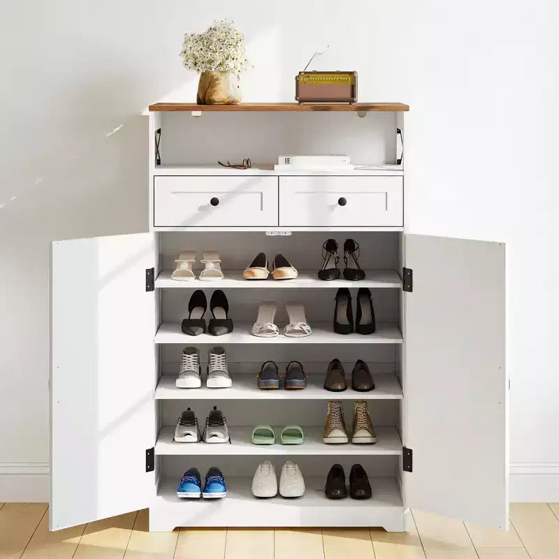 Shoe Cabinet, Shoe Storage Cabinet  Modern Farmhouse Narrow Design with Drawers & Adjustable Shelves, Freestanding Organizer for Entryway