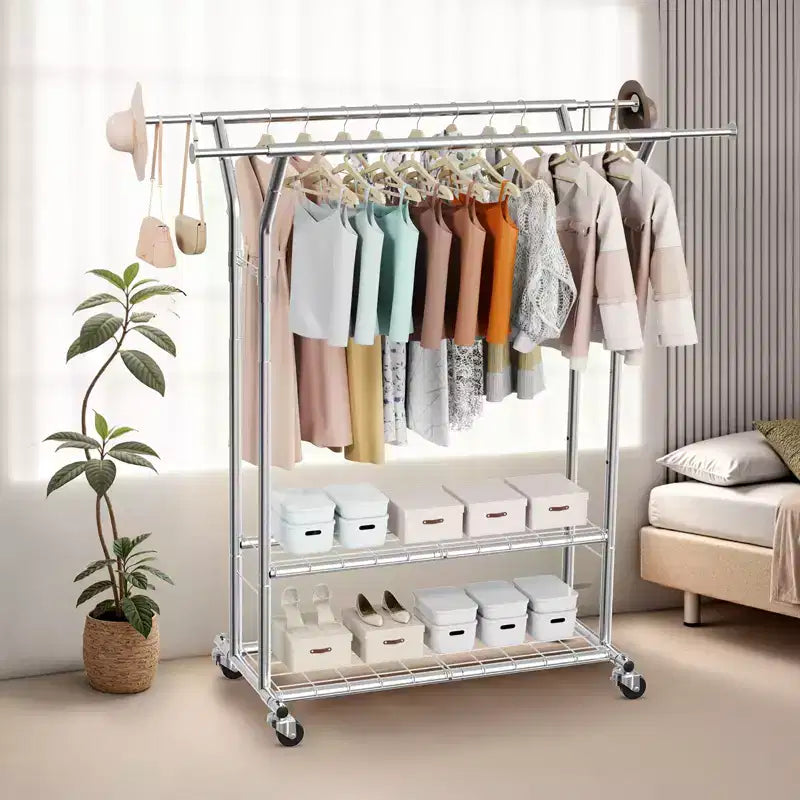 Rolling Clothing Garment Rack with 2 Hanging Rods and 2 Storage Shelves - Silver