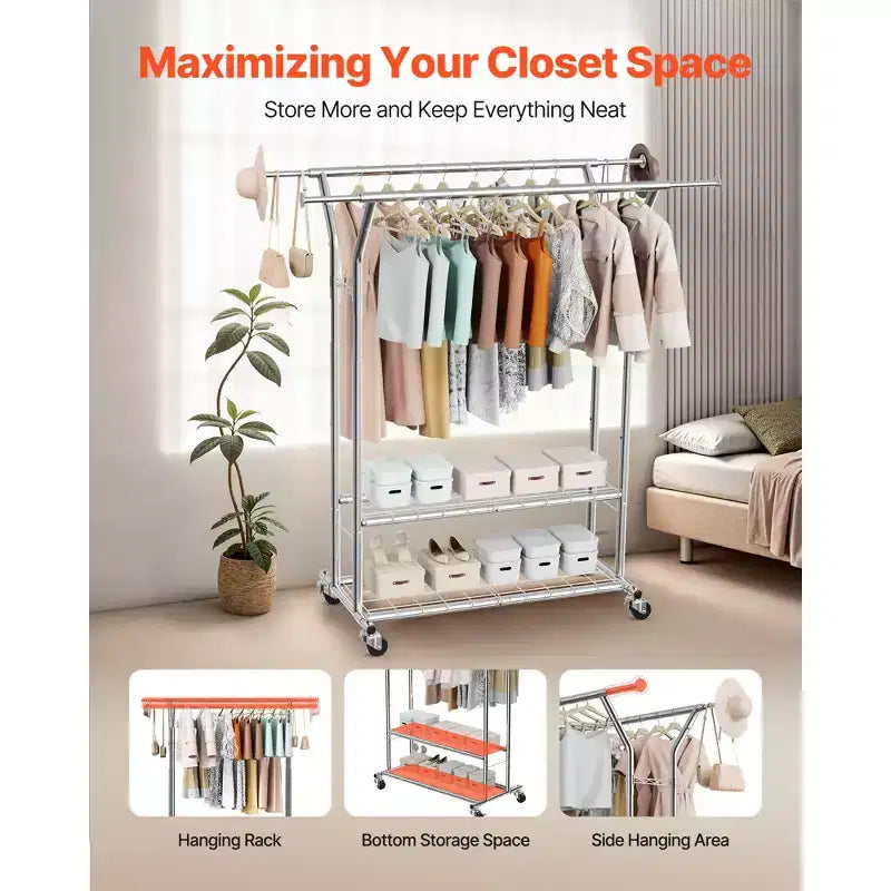 Rolling Clothing Garment Rack with 2 Hanging Rods and 2 Storage Shelves - Silver