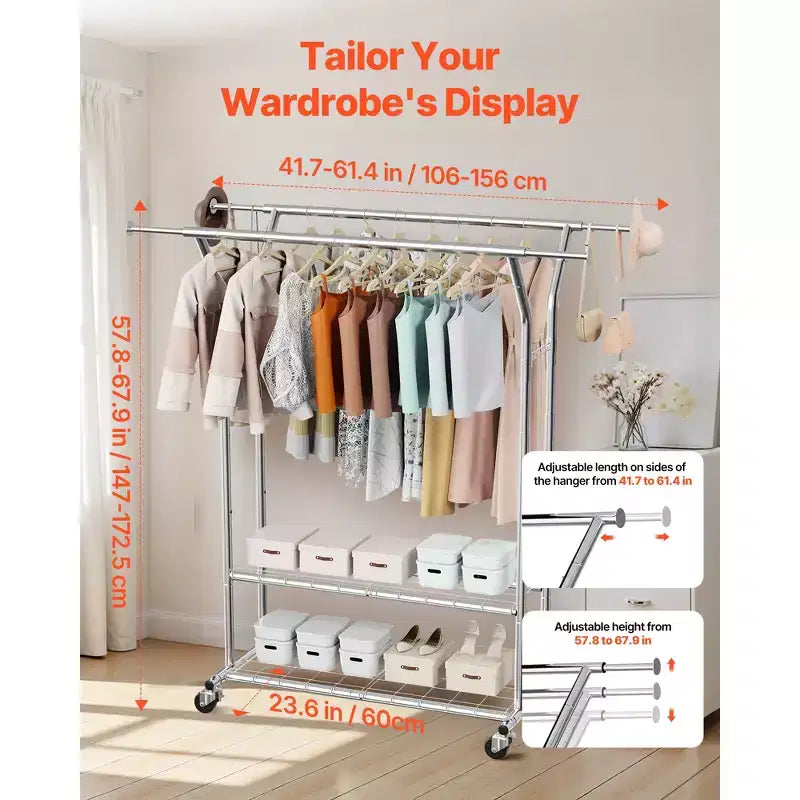 Rolling Clothing Garment Rack with 2 Hanging Rods and 2 Storage Shelves - Silver