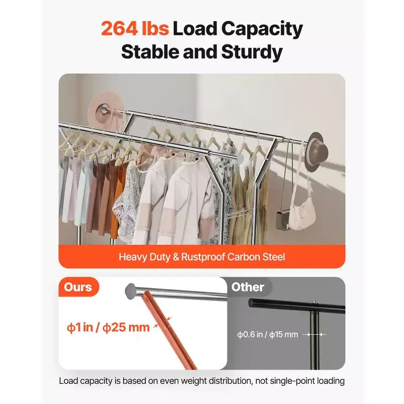 Rolling Clothing Garment Rack with 2 Hanging Rods and 2 Storage Shelves - Silver
