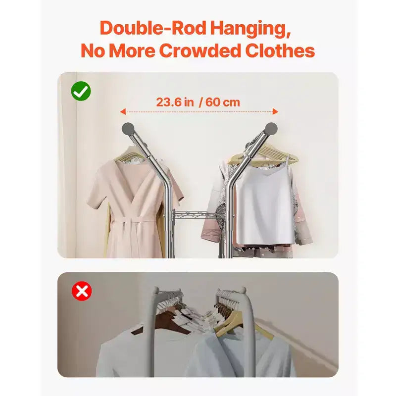 Rolling Clothing Garment Rack with 2 Hanging Rods and 2 Storage Shelves - Silver