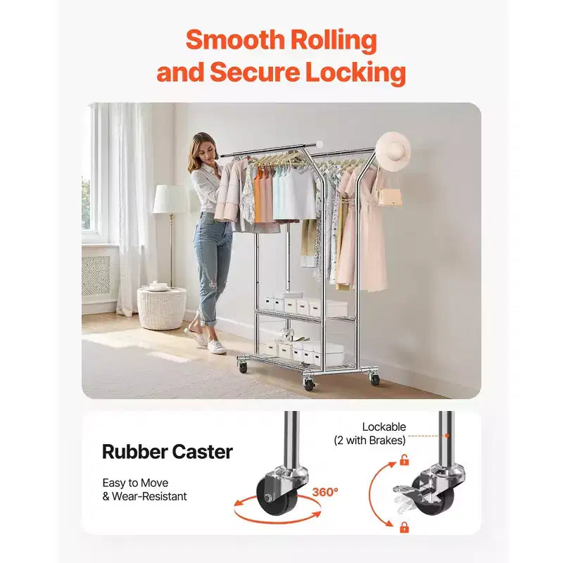Rolling Clothing Garment Rack with 2 Hanging Rods and 2 Storage Shelves - Silver