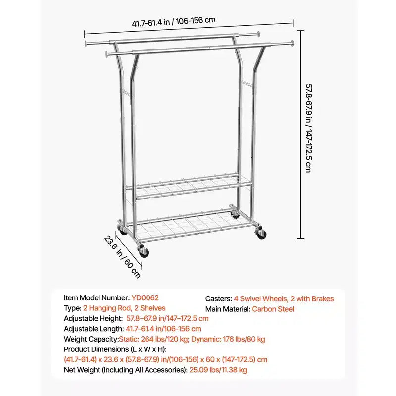 Rolling Clothing Garment Rack with 2 Hanging Rods and 2 Storage Shelves - Silver