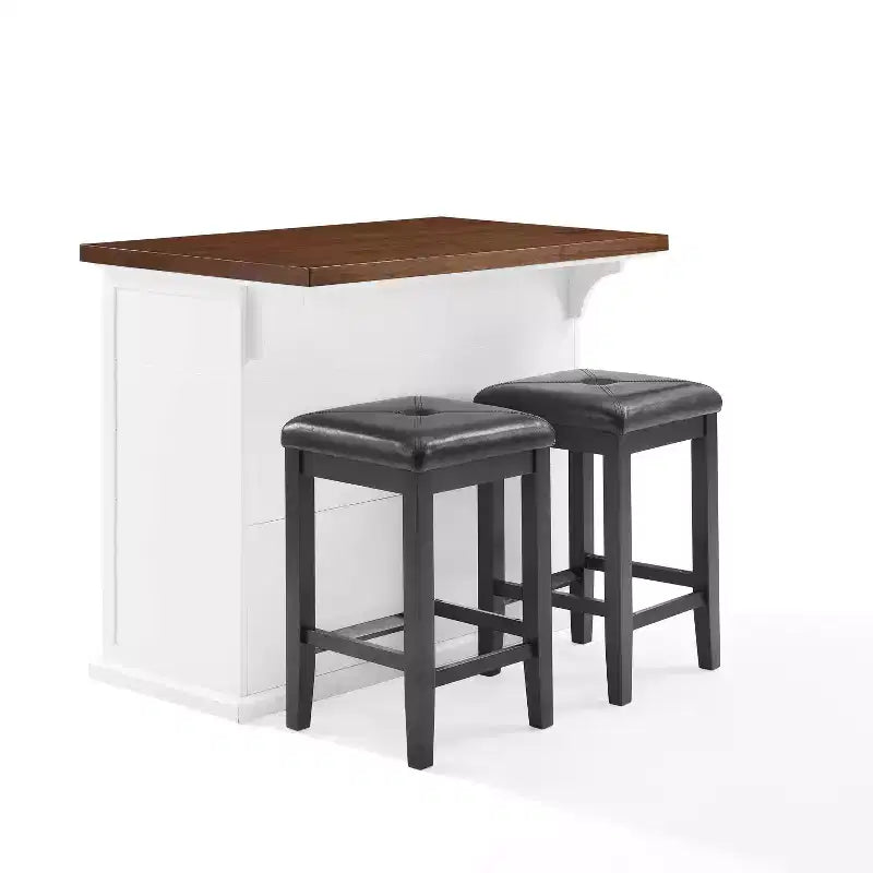 42" Shiplap Kitchen Island with Wood Top and 2 Upholstered Square Stools - White/Black
