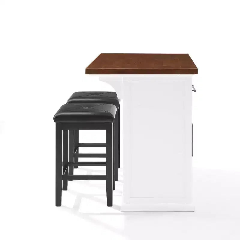 42" Shiplap Kitchen Island with Wood Top and 2 Upholstered Square Stools - White/Black