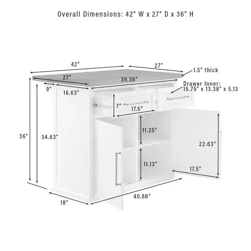 42" Shiplap Kitchen Island with Wood Top and 2 Upholstered Square Stools - White/Black