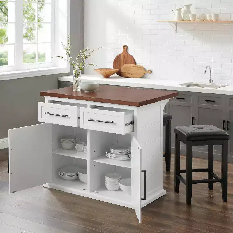 42" Shiplap Kitchen Island with Wood Top and 2 Upholstered Square Stools - White/Black