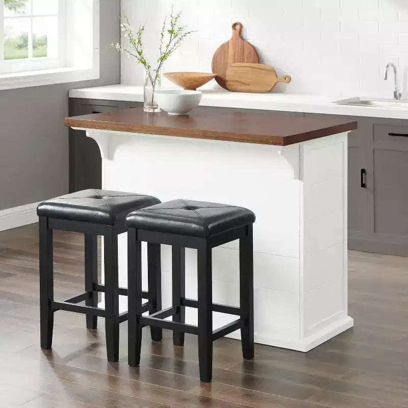 42" Shiplap Kitchen Island with Wood Top and 2 Upholstered Square Stools - White/Black