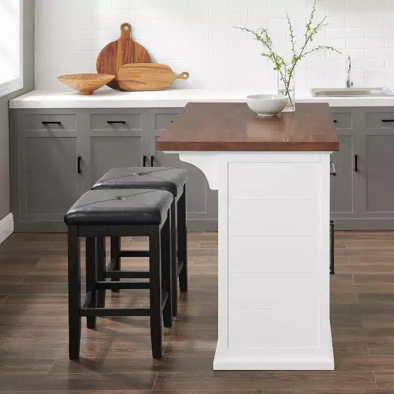 42" Shiplap Kitchen Island with Wood Top and 2 Upholstered Square Stools - White/Black