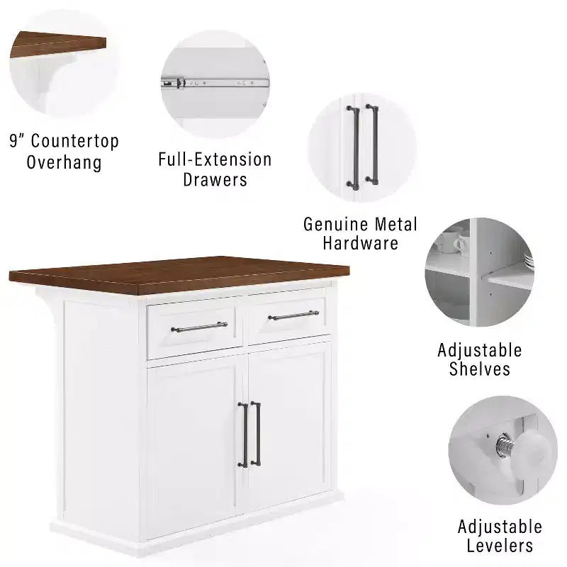 42" Shiplap Kitchen Island with Wood Top and 2 Upholstered Square Stools - White/Black