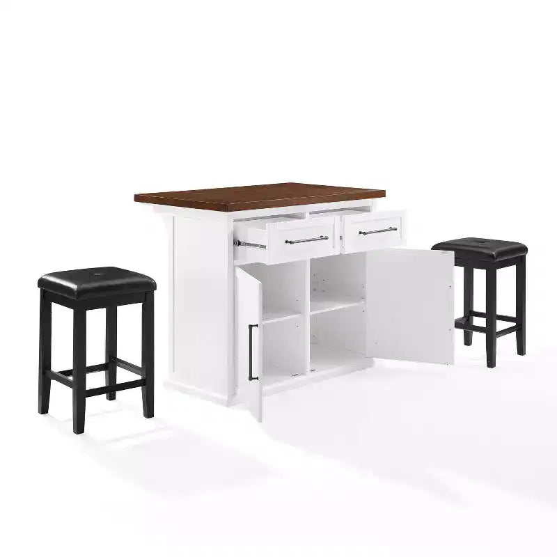42" Shiplap Kitchen Island with Wood Top and 2 Upholstered Square Stools - White/Black