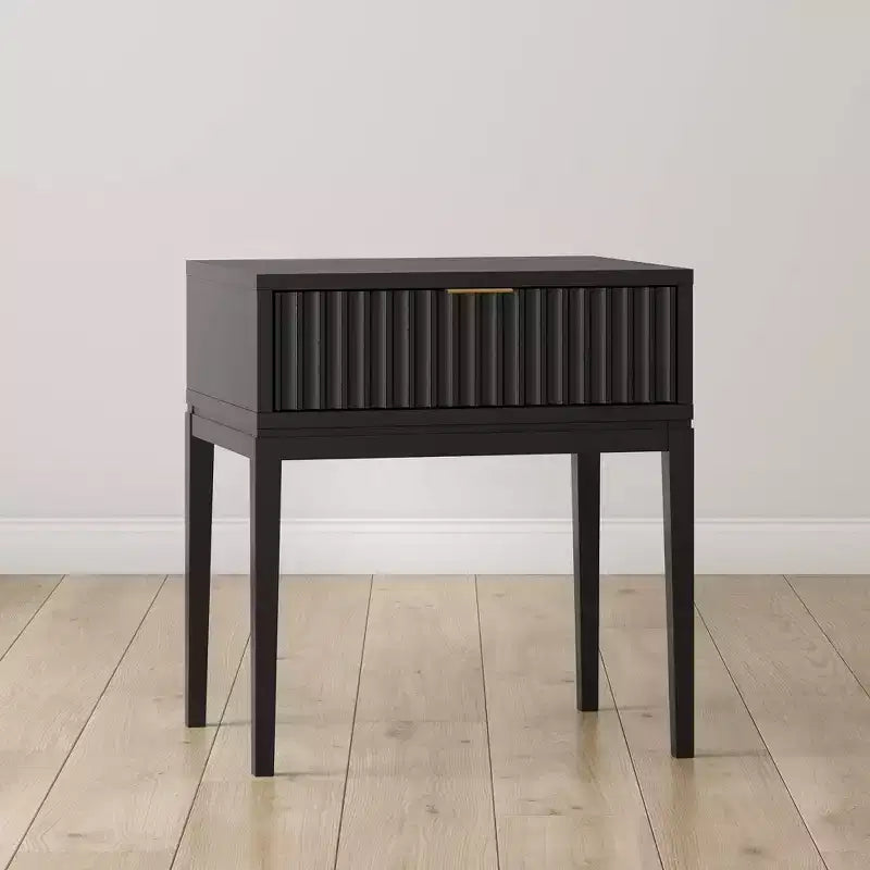 Fluted Wood Nightstand with Drawer - Black