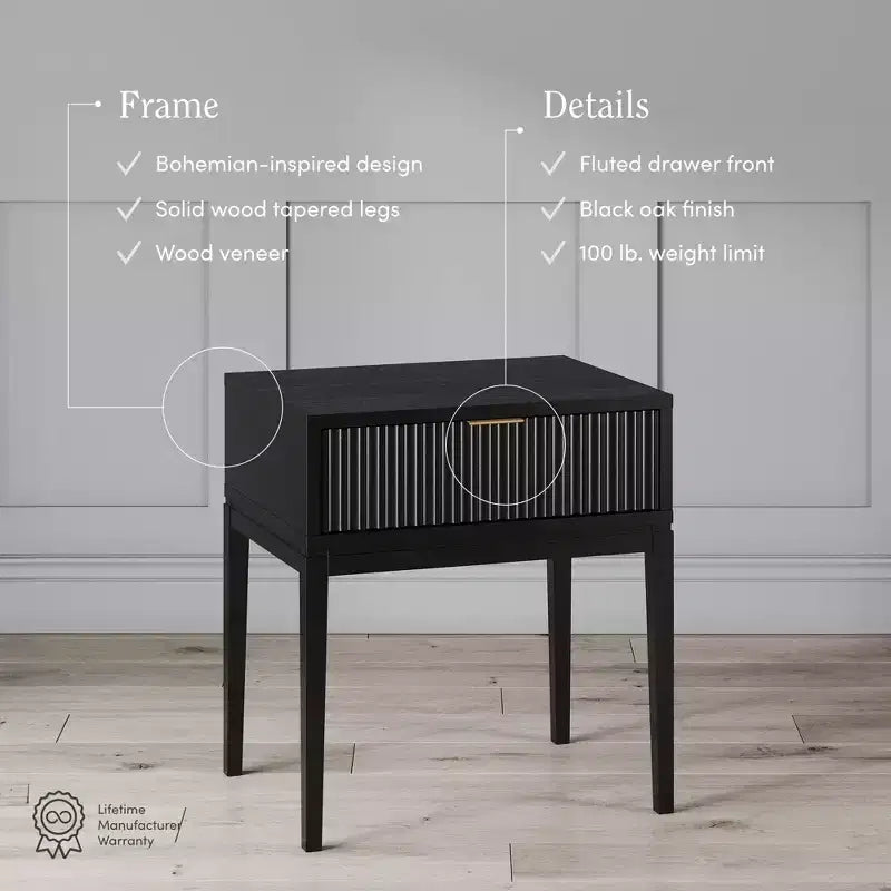 Fluted Wood Nightstand with Drawer - Black