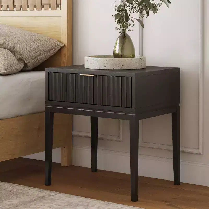 Fluted Wood Nightstand with Drawer - Black