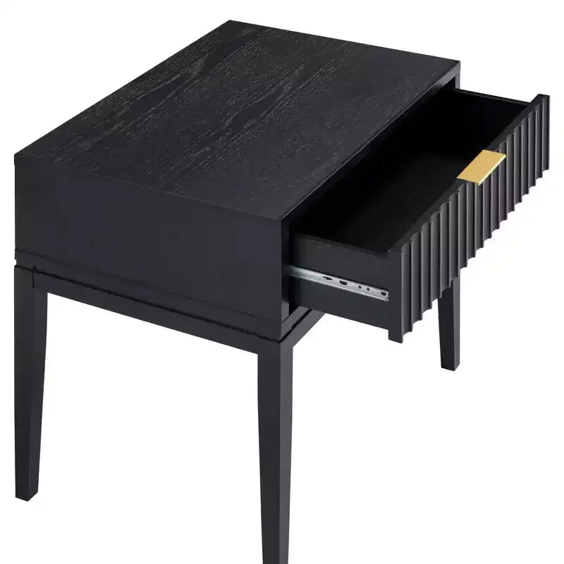 Fluted Wood Nightstand with Drawer - Black