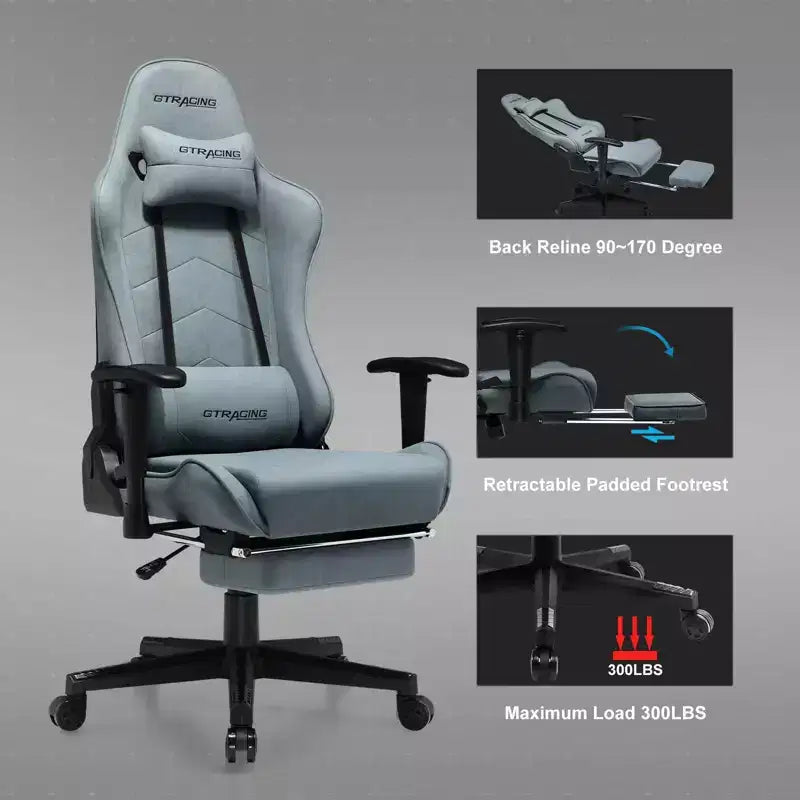 Ergonomic Gaming Chair with Footrest and Lumbar Support - Blue