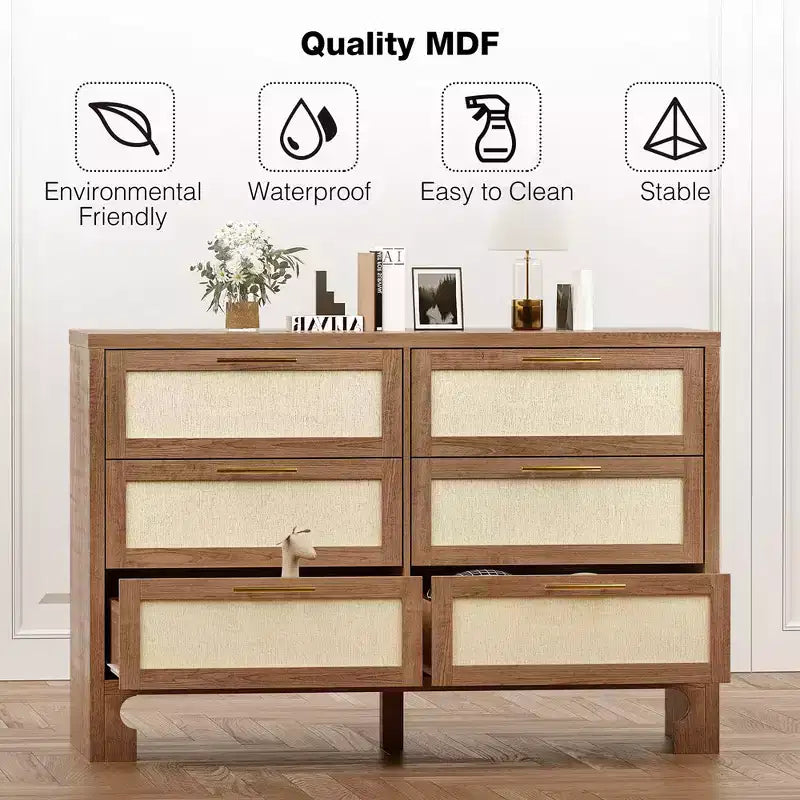 6 Drawer Burlap Design Dresser Chest - Rustic Oak