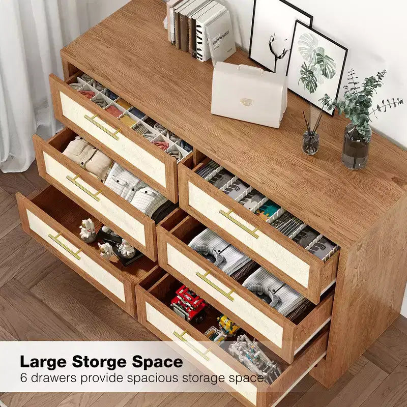 6 Drawer Burlap Design Dresser Chest - Rustic Oak