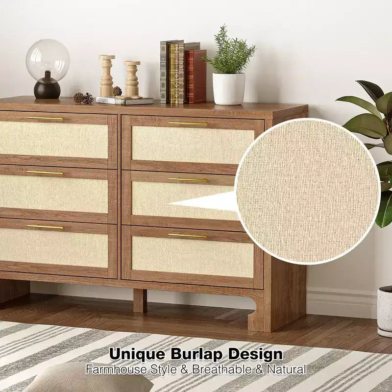 6 Drawer Burlap Design Dresser Chest - Rustic Oak