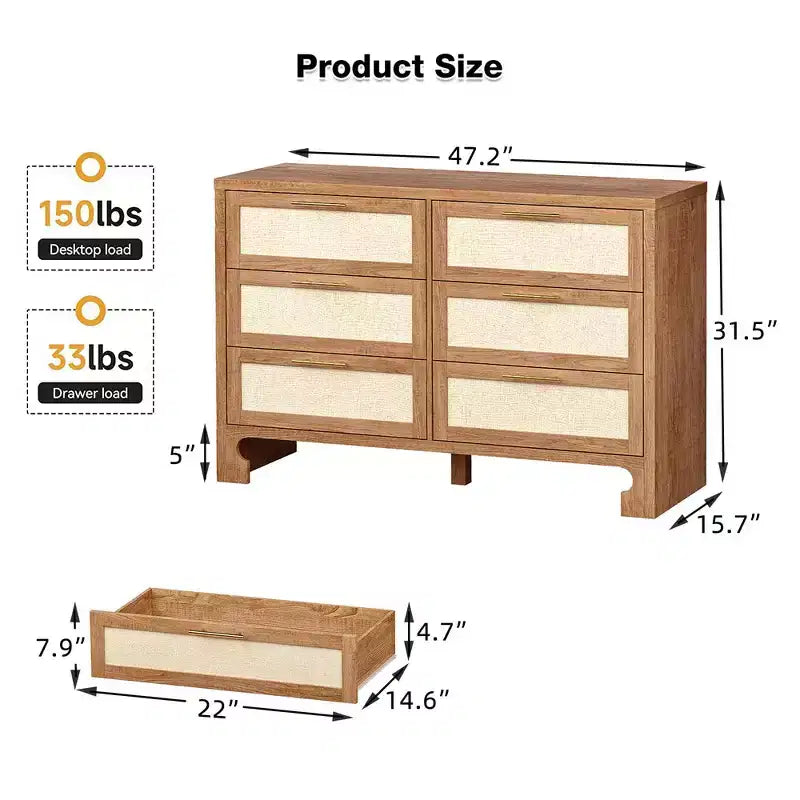 6 Drawer Burlap Design Dresser Chest - Rustic Oak
