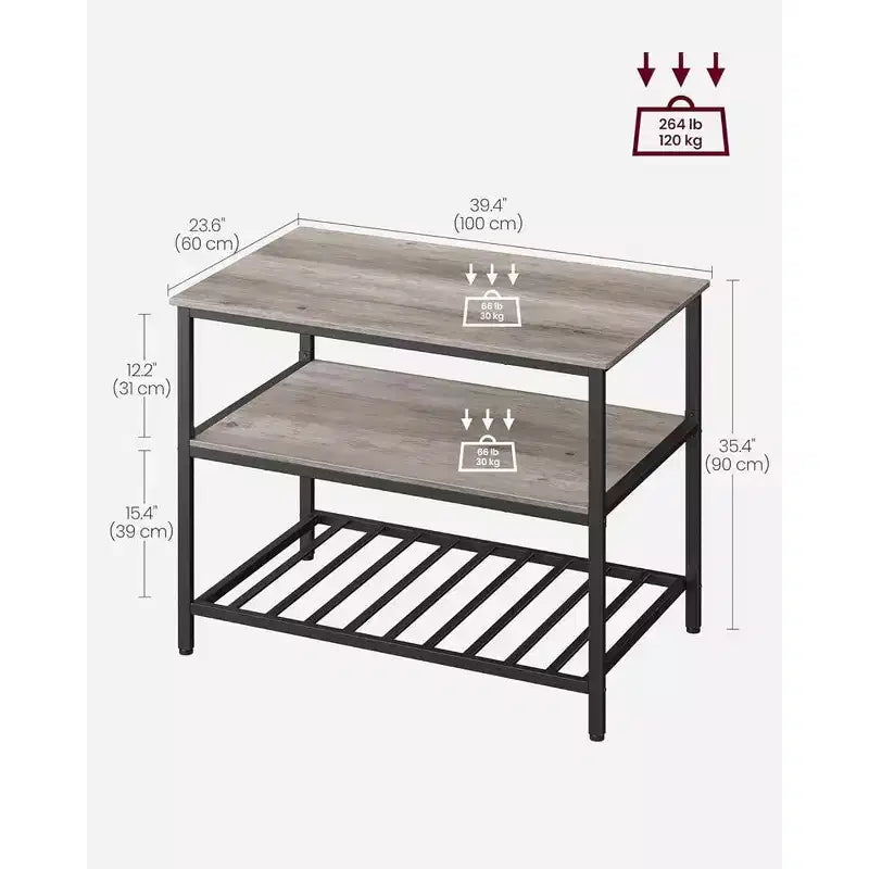 39.4" Industrial 3-Tier Kitchen Island with Large Worktop - Rustic Brown/Black