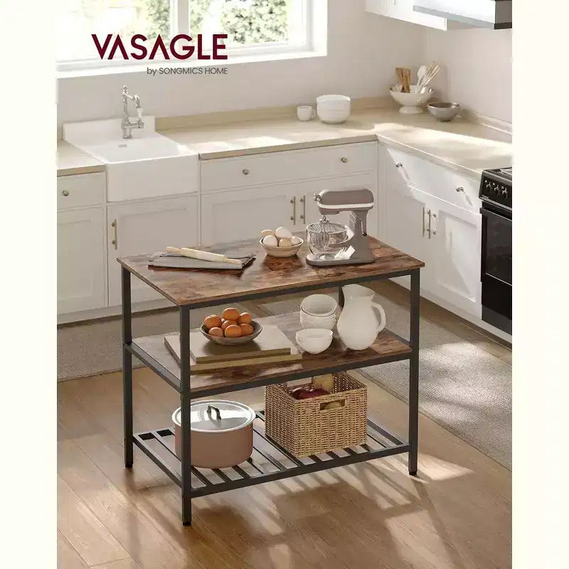 39.4" Industrial 3-Tier Kitchen Island with Large Worktop - Rustic Brown/Black
