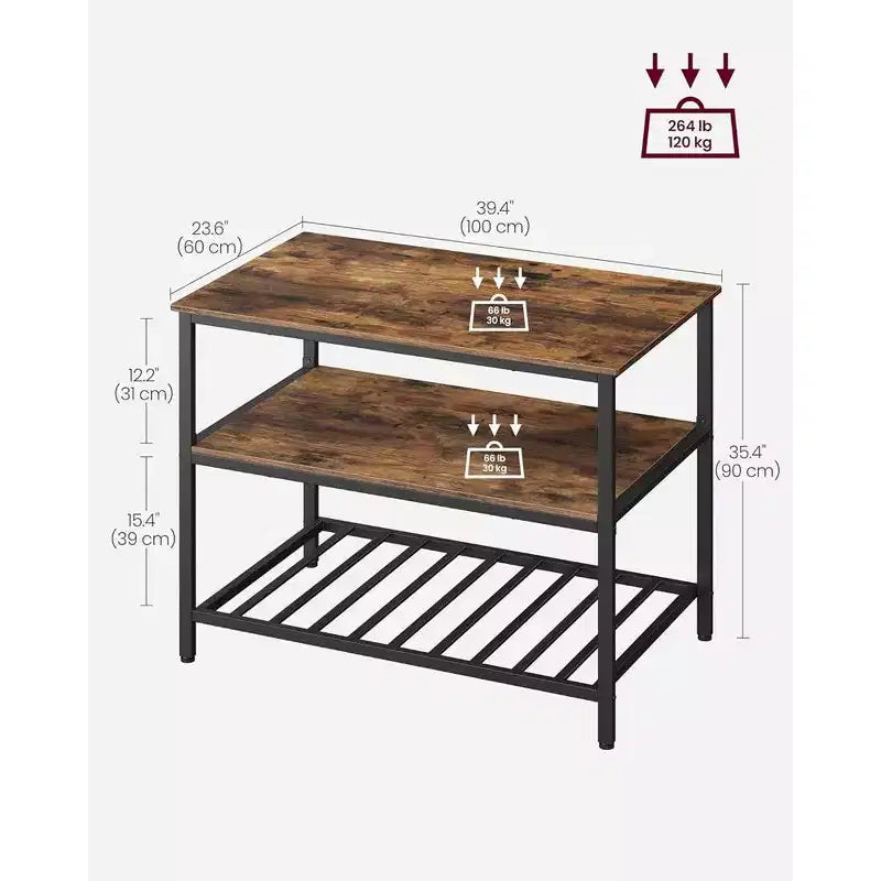 39.4" Industrial 3-Tier Kitchen Island with Large Worktop - Rustic Brown/Black