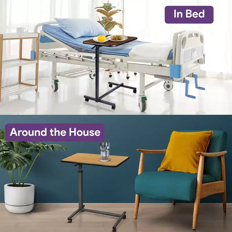 Rolling Medical Overbed Table with Adjustable Height - Hospital and Home Use