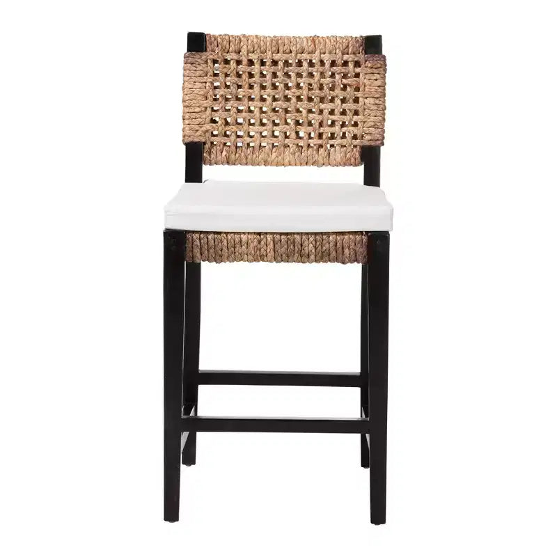 Modern Bohemian Mahogany Wood and Seagrass Counter Stool