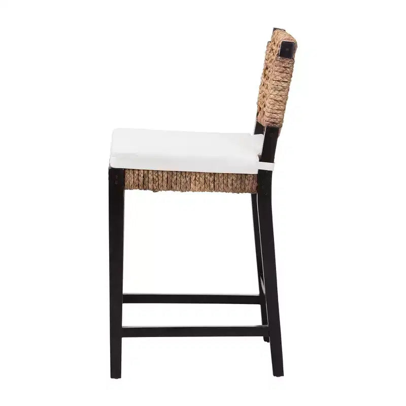 Modern Bohemian Mahogany Wood and Seagrass Counter Stool