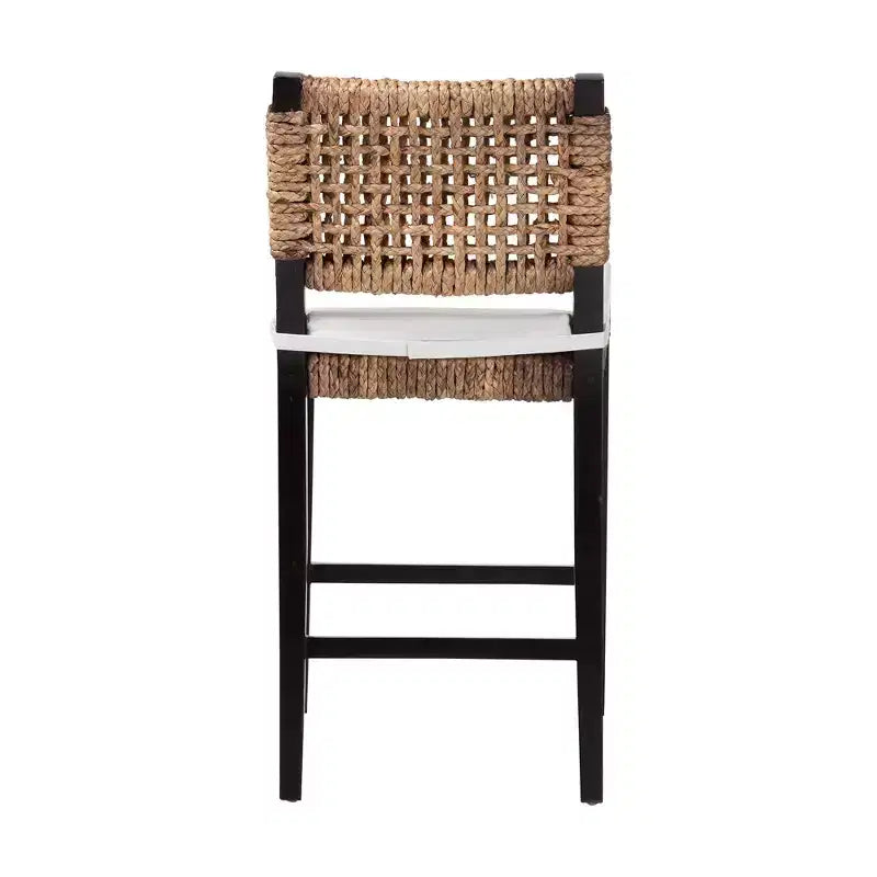 Modern Bohemian Mahogany Wood and Seagrass Counter Stool