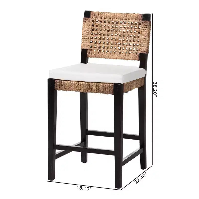 Modern Bohemian Mahogany Wood and Seagrass Counter Stool