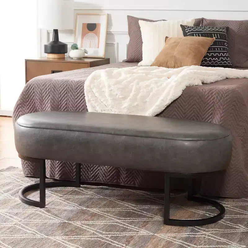 Oval Upholstered Bench with Iron Frame - Seats 2