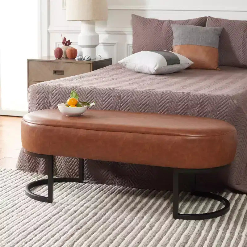 Oval Upholstered Bench with Iron Frame - Seats 2
