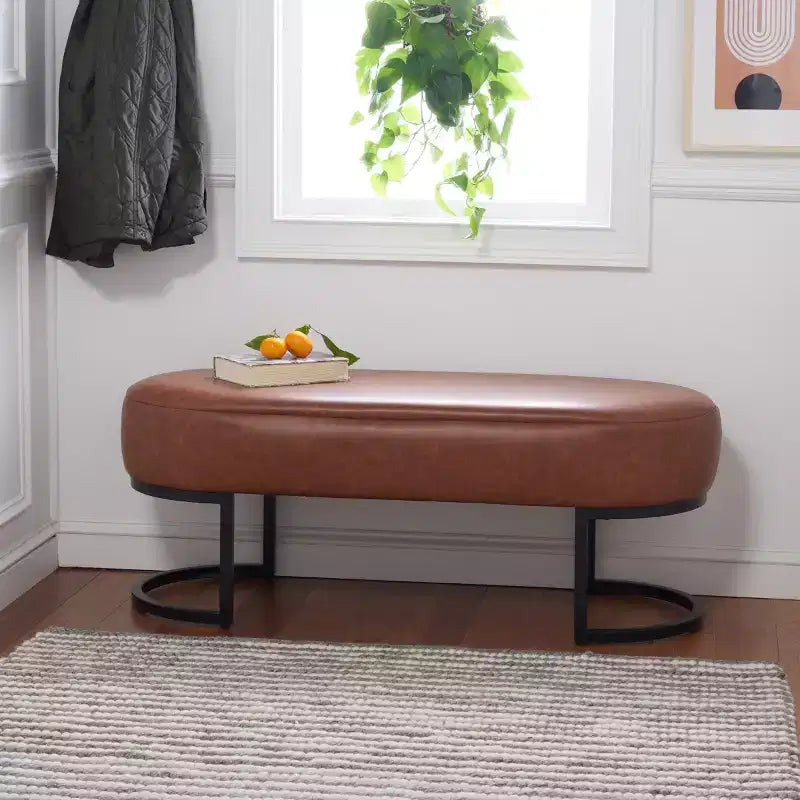 Oval Upholstered Bench with Iron Frame - Seats 2