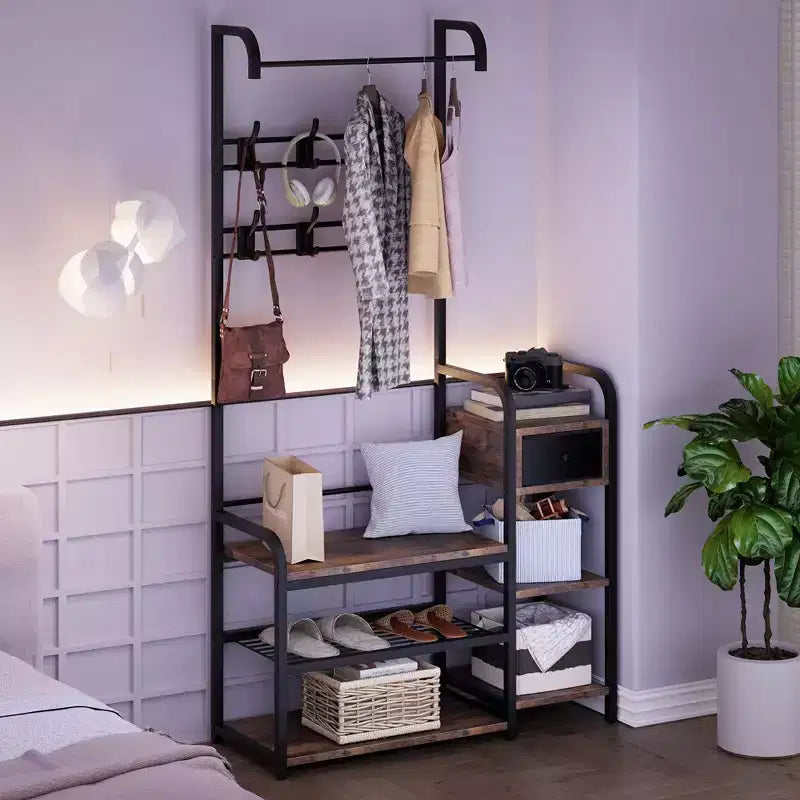 Hall Tree Shoe Bench, 8 Sturdy Hooks, 5-in-1 Industrial Entryway Bench with Storage Drawer, Coat Rack for Apartment, Bedroom, Rustic Brown