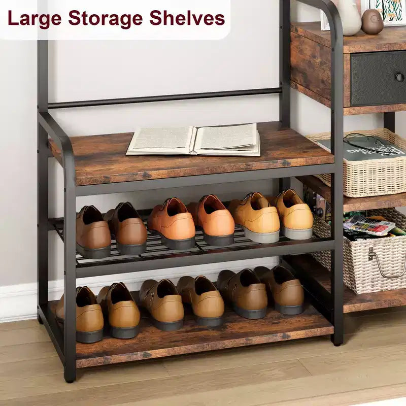 Hall Tree Shoe Bench, 8 Sturdy Hooks, 5-in-1 Industrial Entryway Bench with Storage Drawer, Coat Rack for Apartment, Bedroom, Rustic Brown