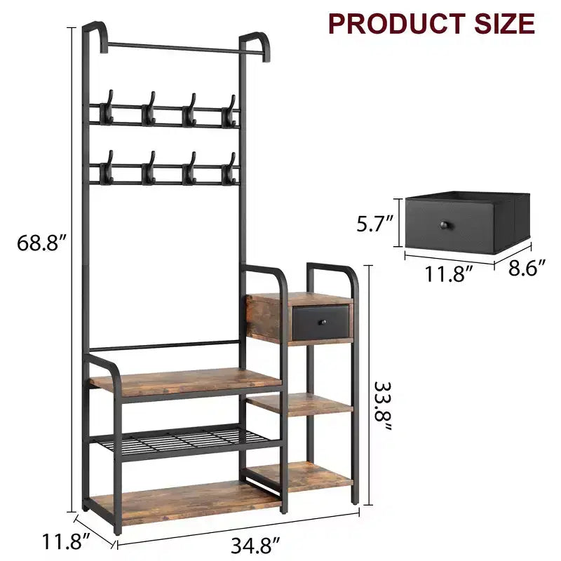 Hall Tree Shoe Bench, 8 Sturdy Hooks, 5-in-1 Industrial Entryway Bench with Storage Drawer, Coat Rack for Apartment, Bedroom, Rustic Brown