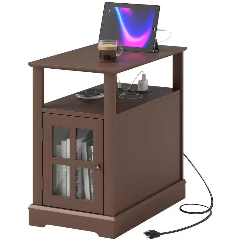 Narrow Side Table with Charging Station - 2 USB Ports, 2 Outlets, Hidden Storage