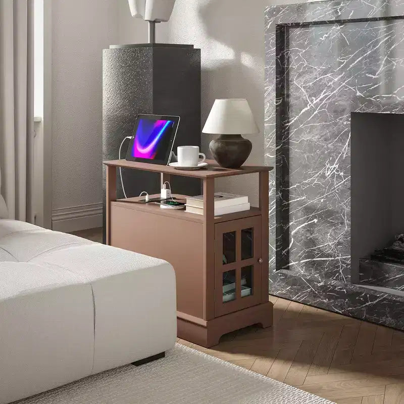 Narrow Side Table with Charging Station - 2 USB Ports, 2 Outlets, Hidden Storage