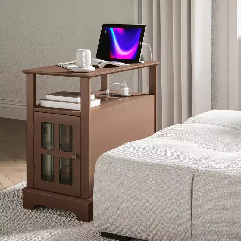 Narrow Side Table with Charging Station - 2 USB Ports, 2 Outlets, Hidden Storage