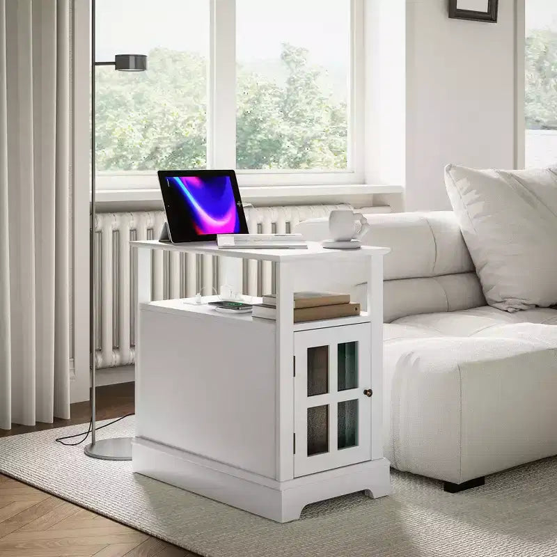 Narrow Side Table with Charging Station - 2 USB Ports, 2 Outlets, Hidden Storage