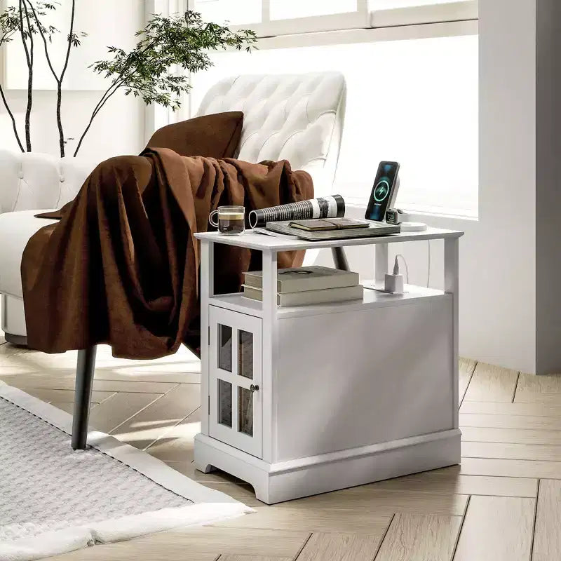 Narrow Side Table with Charging Station - 2 USB Ports, 2 Outlets, Hidden Storage