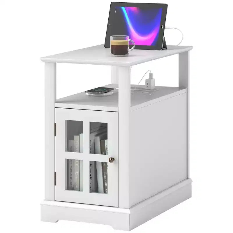 Narrow Side Table with Charging Station - 2 USB Ports, 2 Outlets, Hidden Storage
